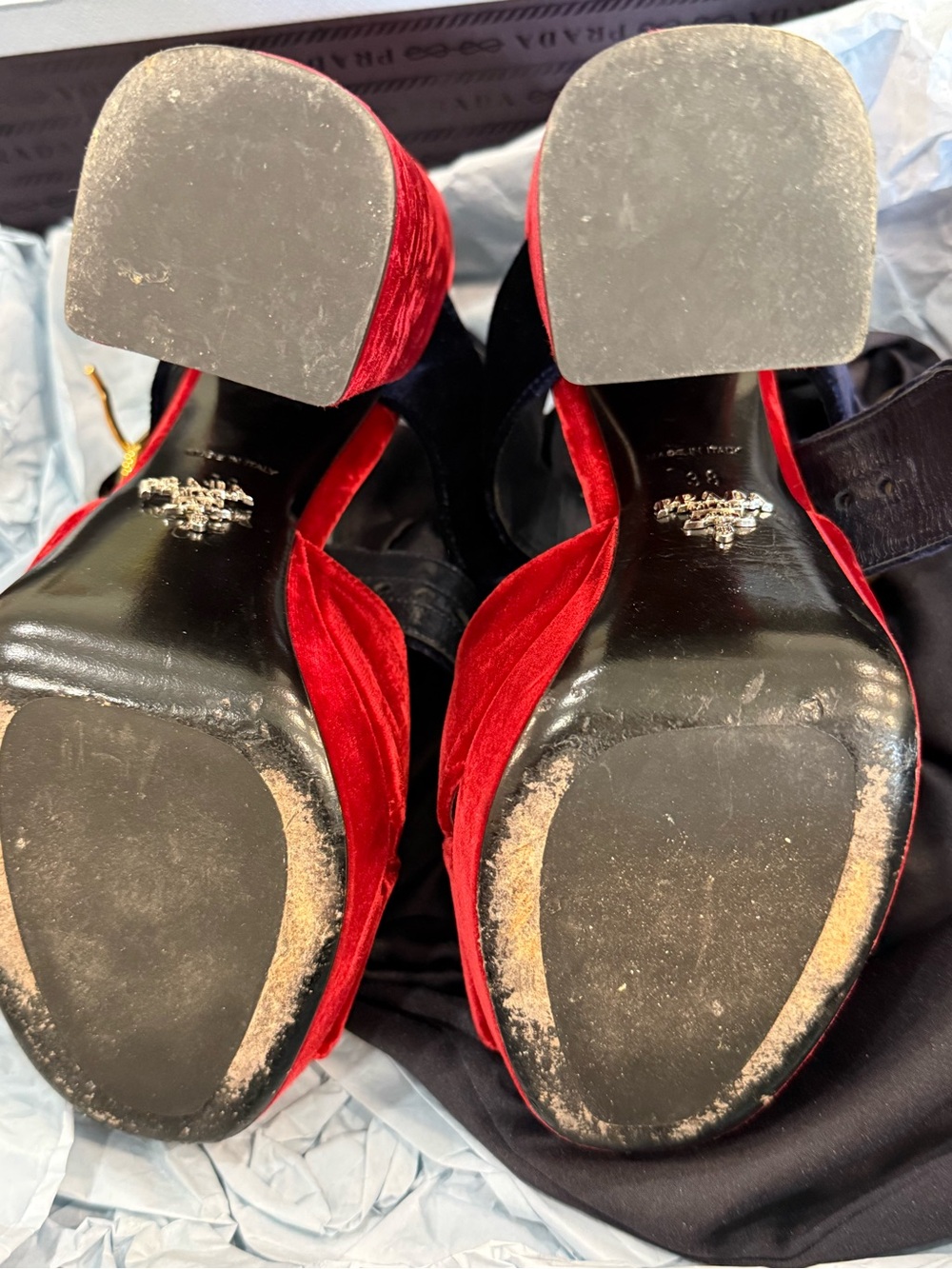 Prada Red Velvet Platform Sandal with Navy Ankle Strap - Picture 9 of 11